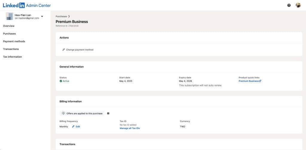 LinkedIn Admin Center 购买纪录截图:Premium Business 状态为 Active,显示开始日与到期日