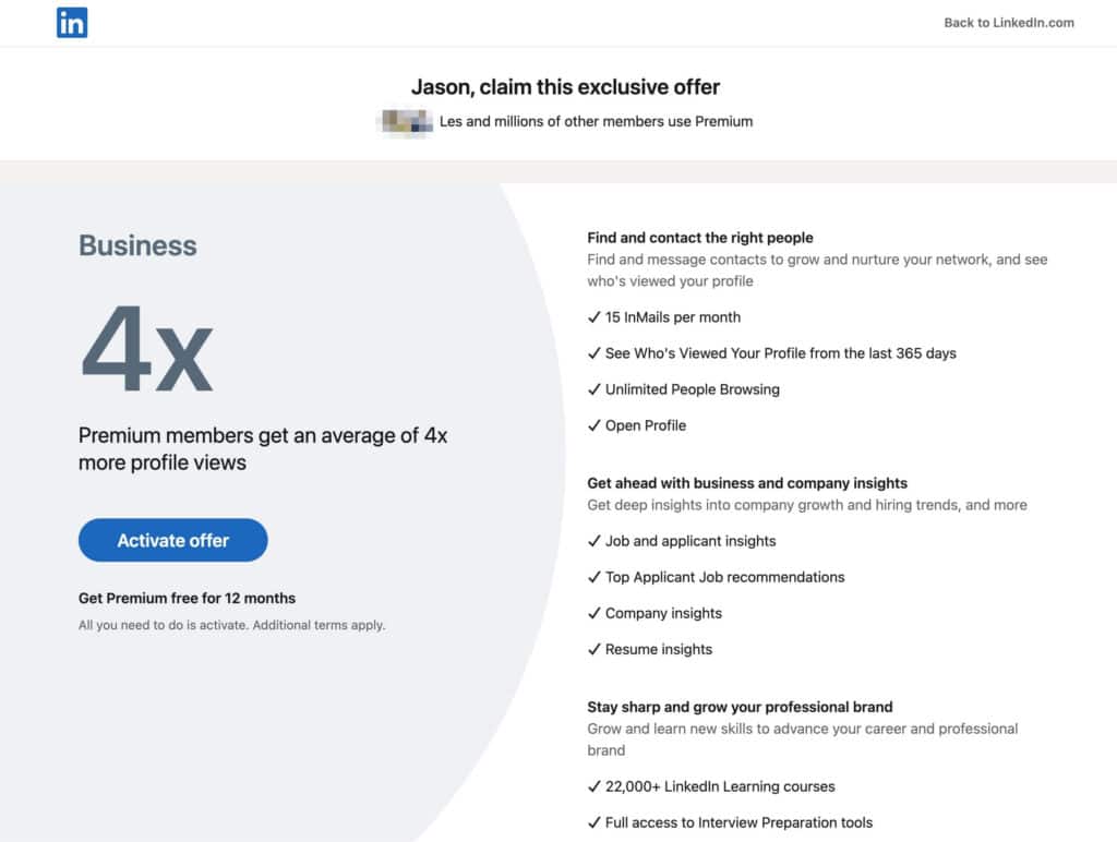 LinkedIn Premium 开通页面截图:“claim this exclusive offer”,点击 Activate offer 即可开通 Business 方案 12 个月