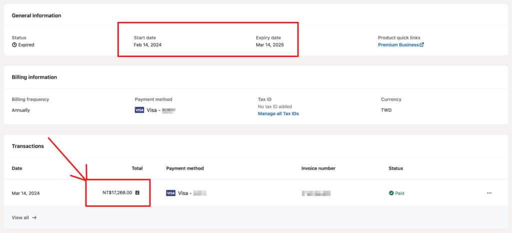 LinkedIn Premium Business 原价购买纪录截图:年缴 NT,268,效期 2024/2/14 至 2025/3/14