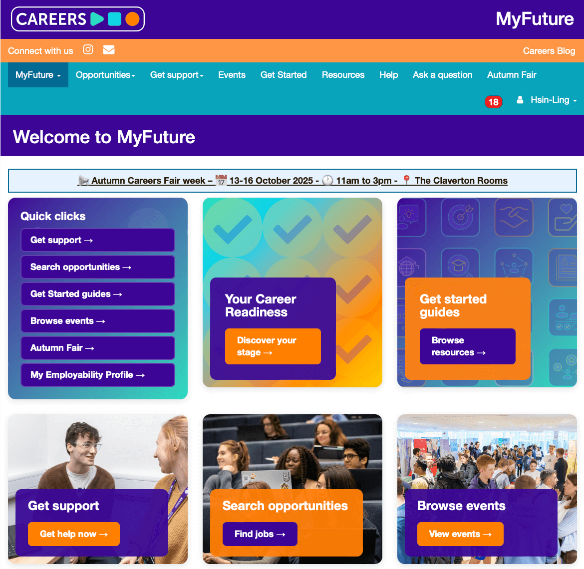 University of Bath 職涯服務 MyFuture 平台首頁截圖,提供求職資源、職涯活動與 Autumn Careers Fair 資訊